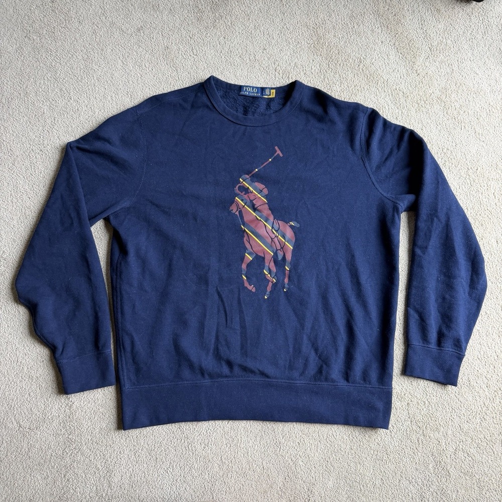 Polo Ralph Lauren Men's Large Sweatshirt Blend Big Pony Logo Navy Blue Crew neck